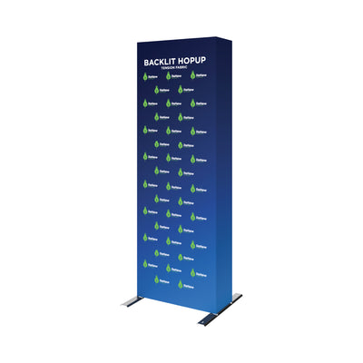 Backlit hopup tension fabric display with energy-themed branding for trade shows and exhibitions