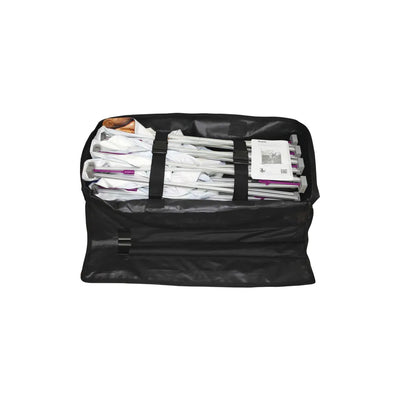 Folded trade show display frame packed inside a carrying bag with instruction manual