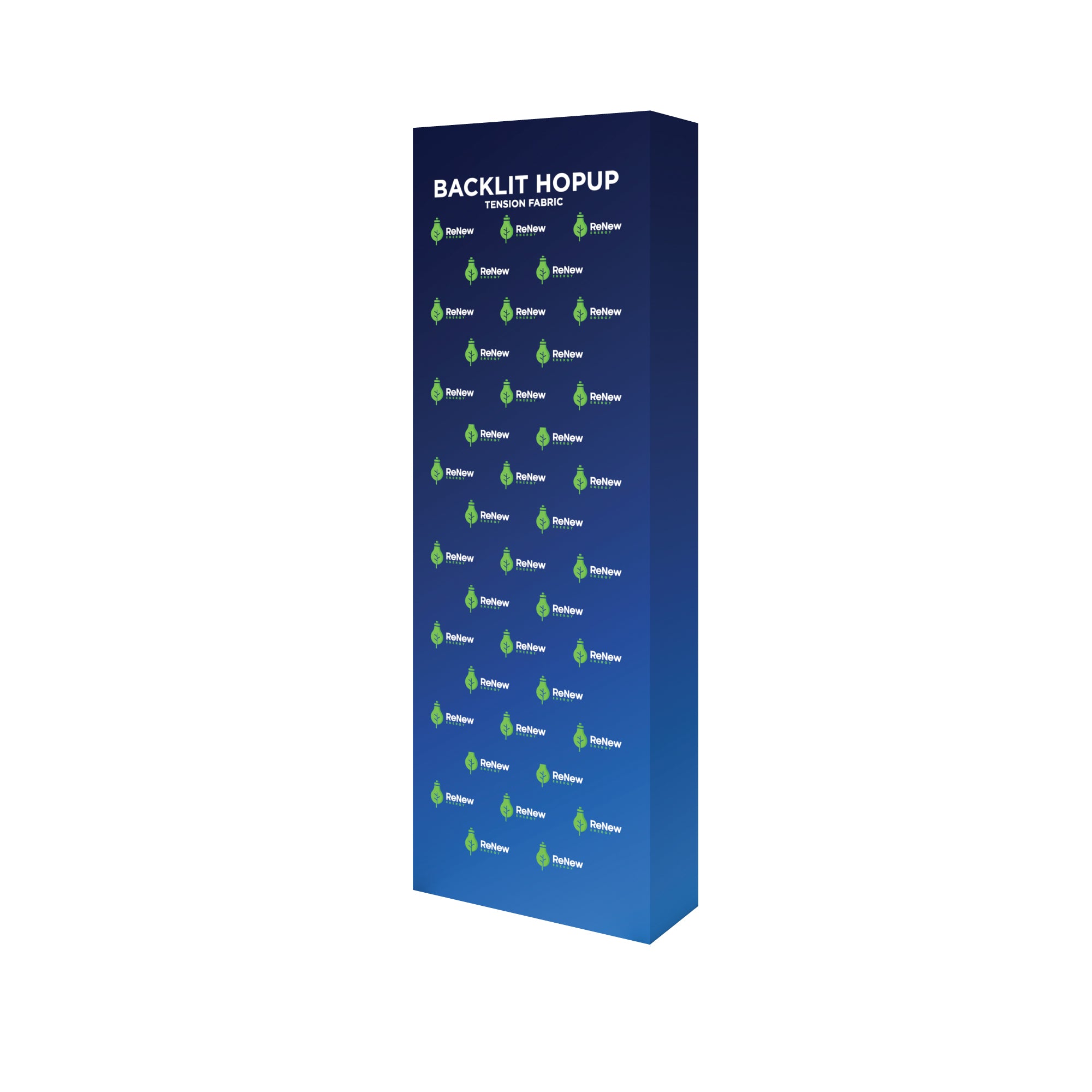 Backlit hopup tension fabric display for trade shows featuring renewable energy branding