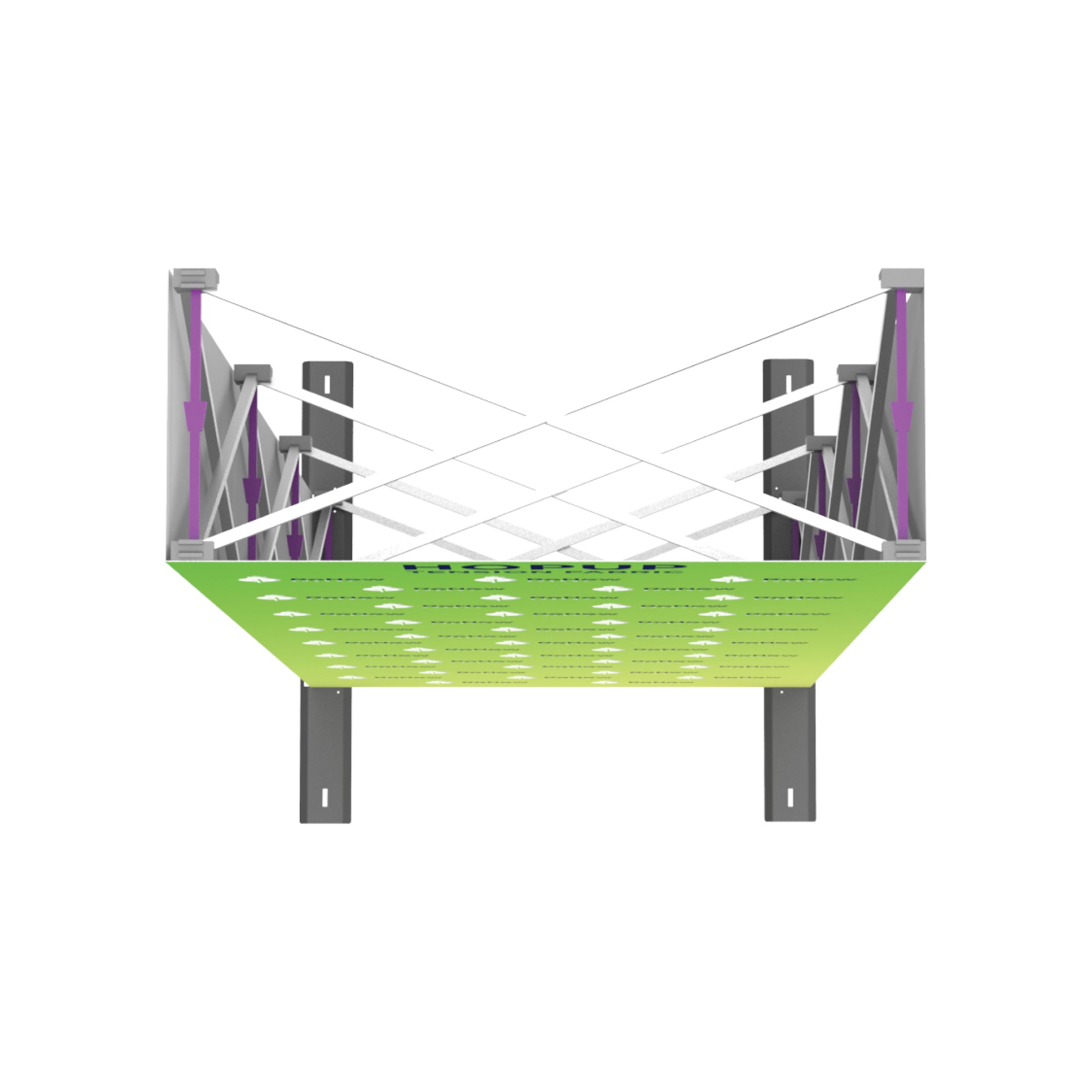 Overhead trade show hanging frame with tension cables for suspension display and exhibition signage