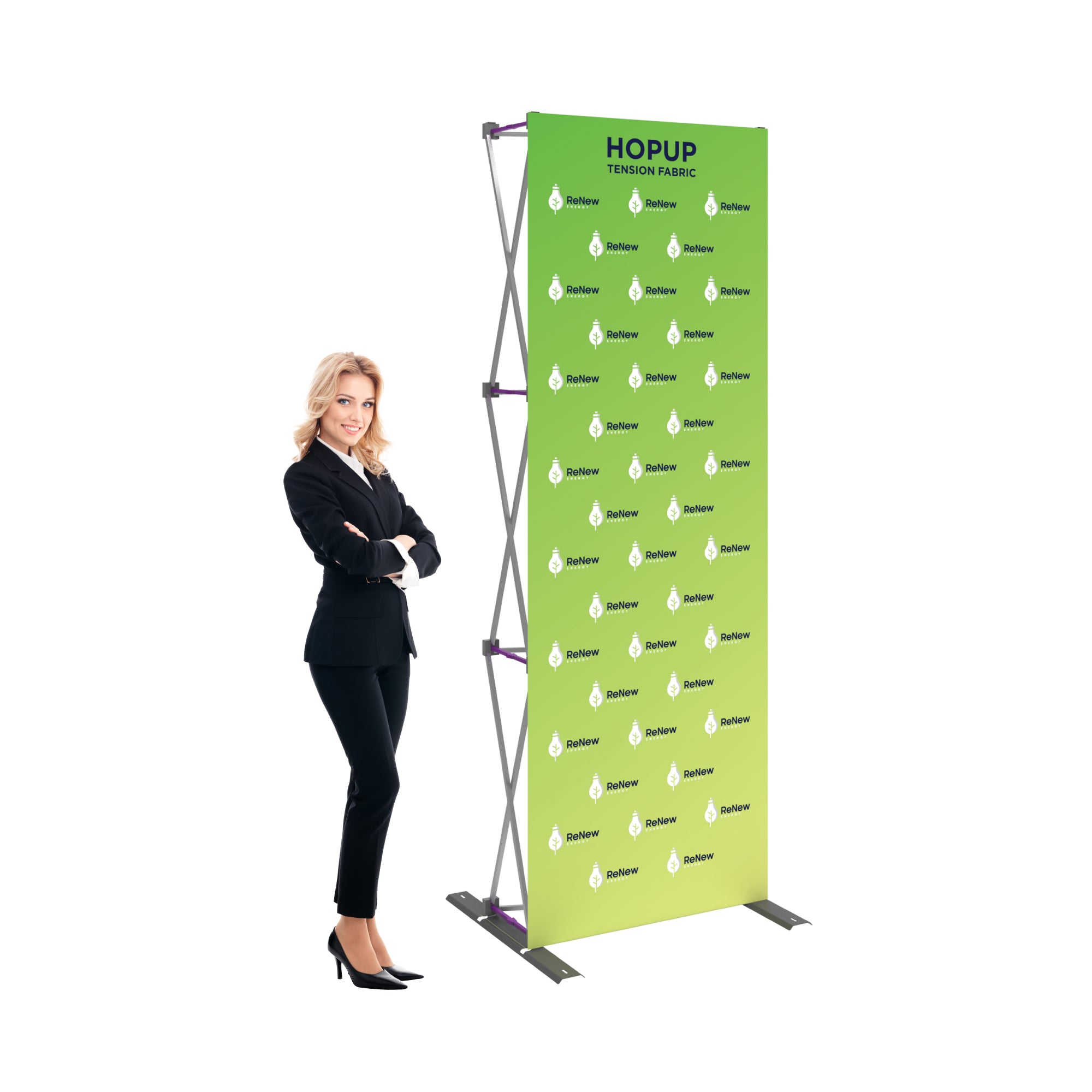 Professional woman next to tension fabric pop-up display for trade shows and events
