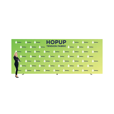 Large hopup tension fabric display with branded graphics for trade shows and exhibitions