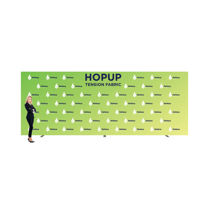 Large hopup tension fabric display with branded graphics for trade shows and exhibitions