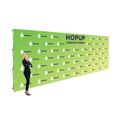 Large tension fabric backdrop branded with renewable energy logos, ideal for trade shows and exhibitions