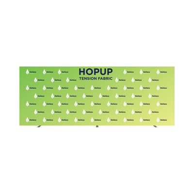Large hopup tension fabric trade show backdrop with repeated corporate logo for exhibitions and events