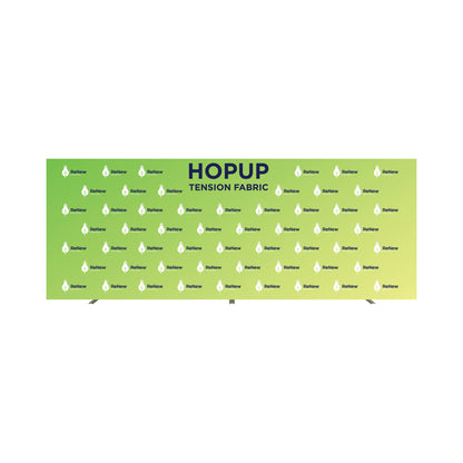 Large hopup tension fabric trade show backdrop with repeated corporate logo for exhibitions and events