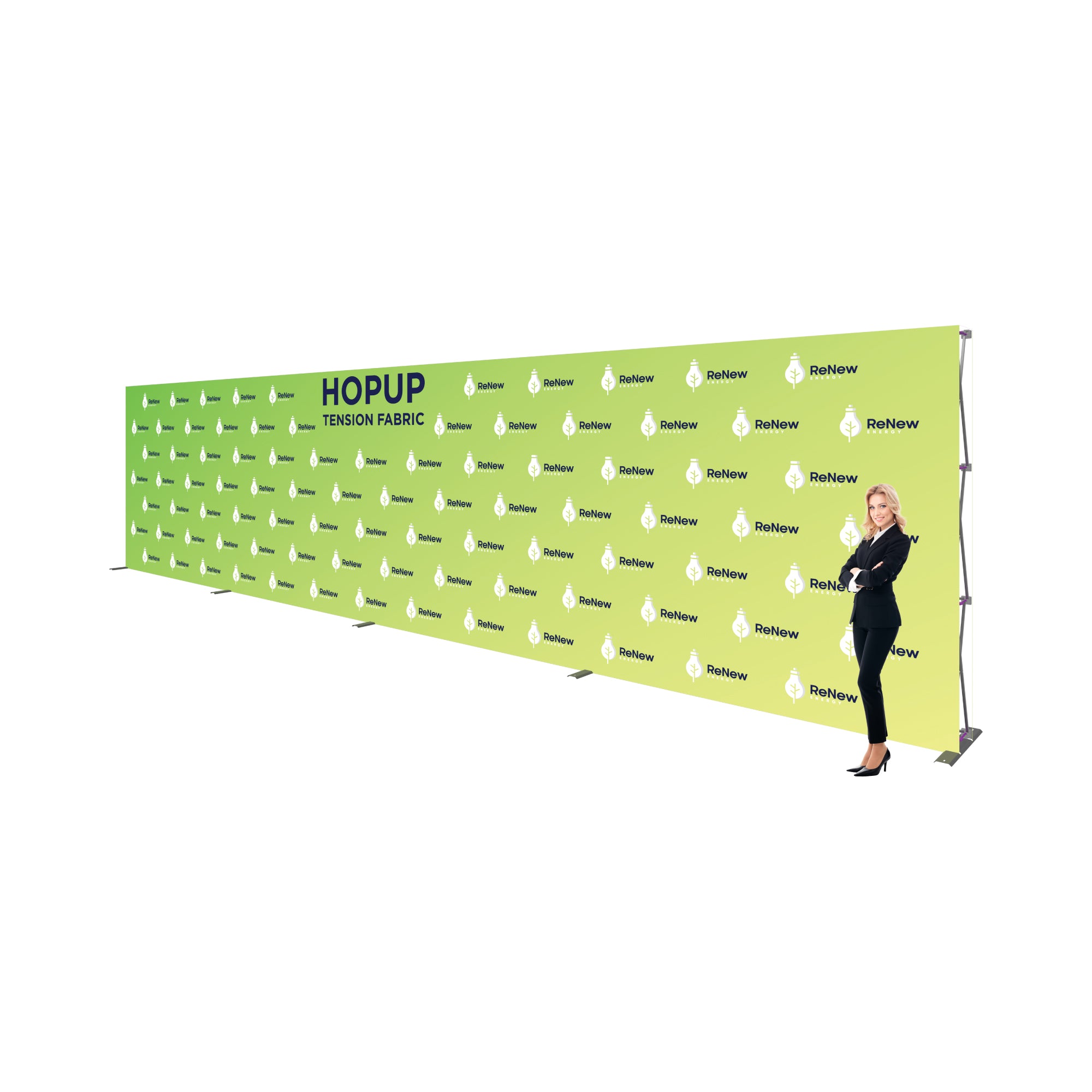 Large tension fabric backdrop display with branding for trade shows and exhibitions, woman standing beside it