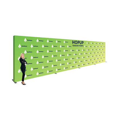 Large tension fabric backdrop with printed logos and branding for trade shows, exhibitions, and events