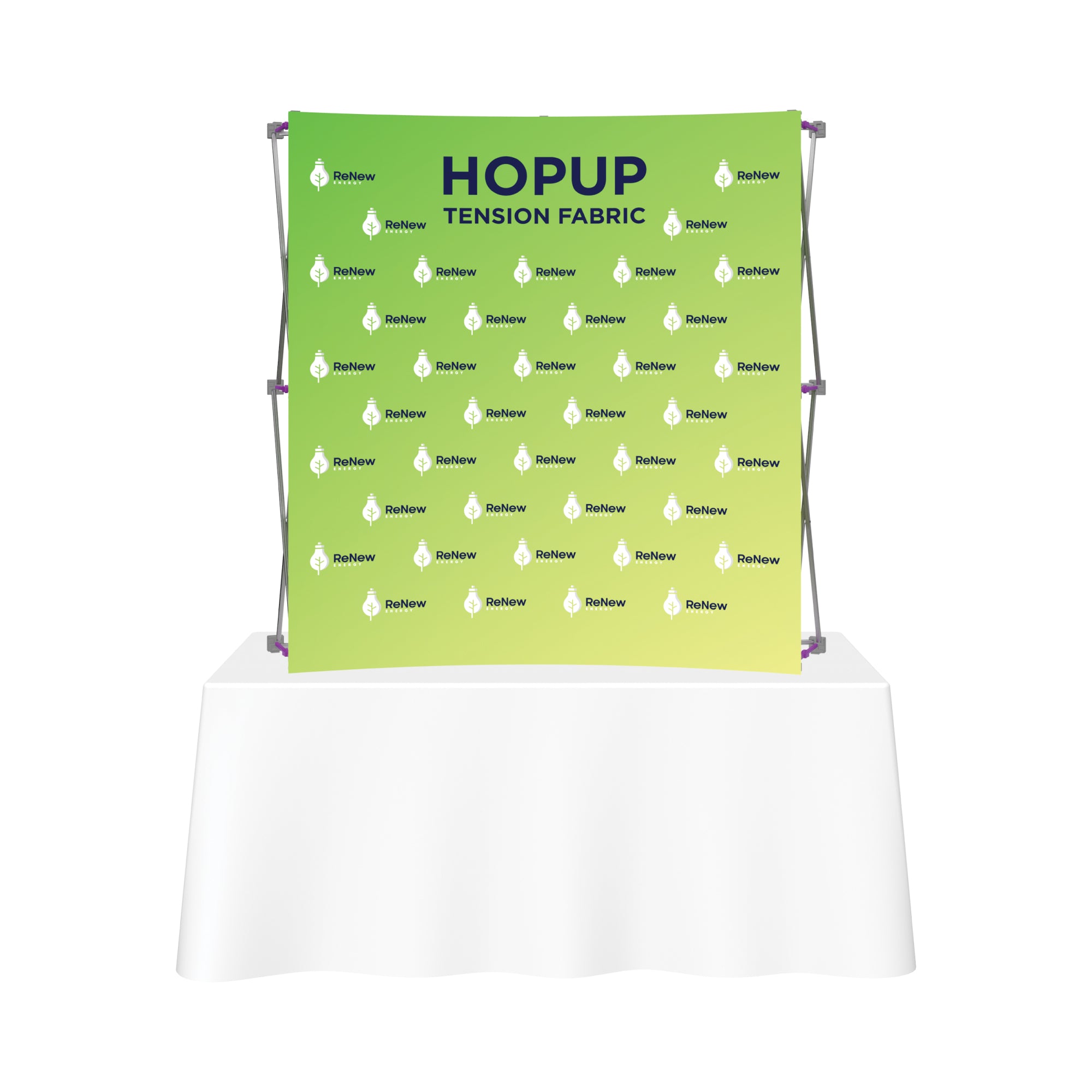 Hopup tension fabric trade show backdrop with repeated company logos on a branded display stand