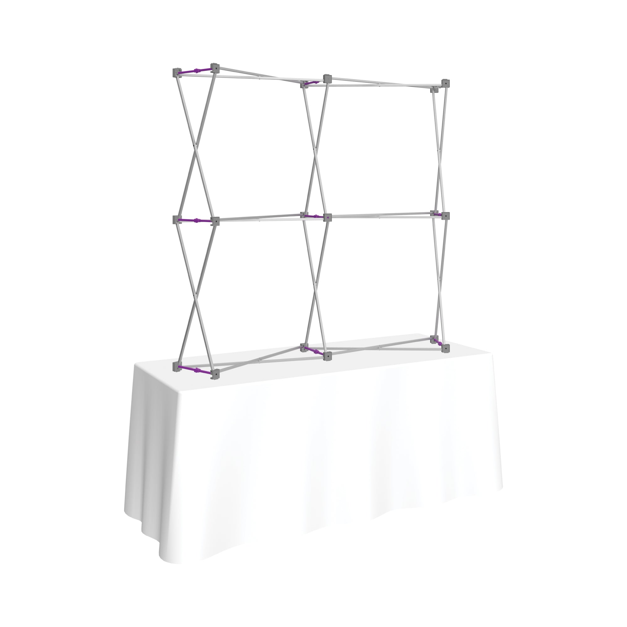 Pop-up display frame set up on a table for trade shows and special event exhibitions