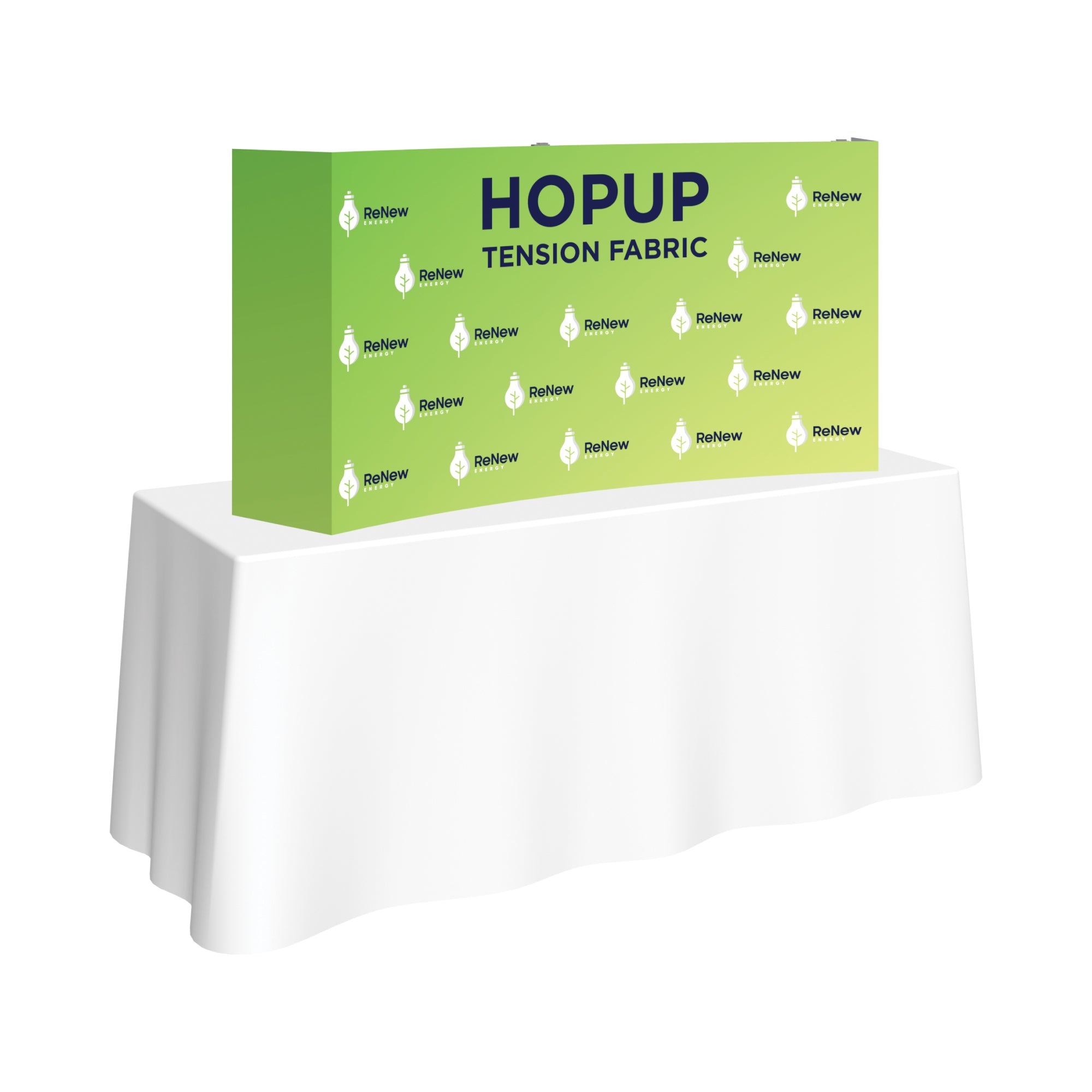 Tension fabric hop up display on a draped table for trade shows and exhibitions