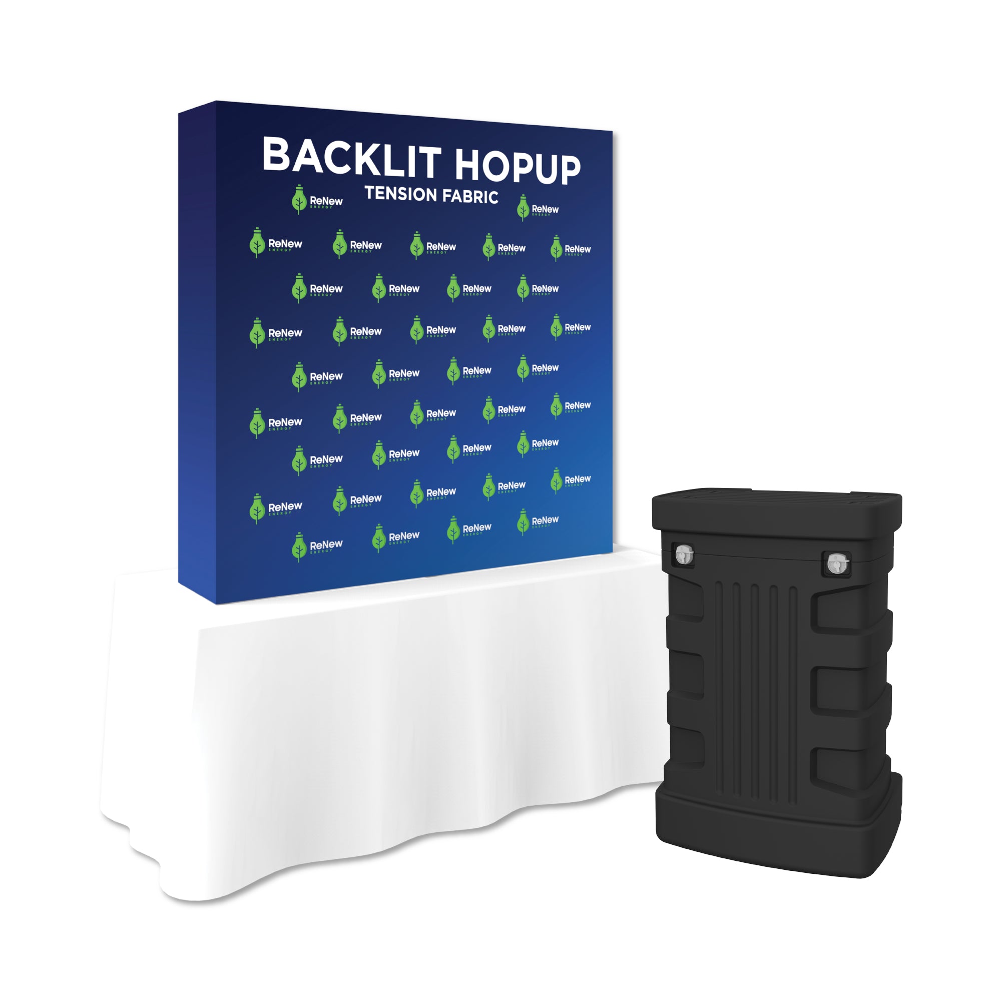 Backlit pop-up tension fabric display with printed branding for trade shows and exhibitions