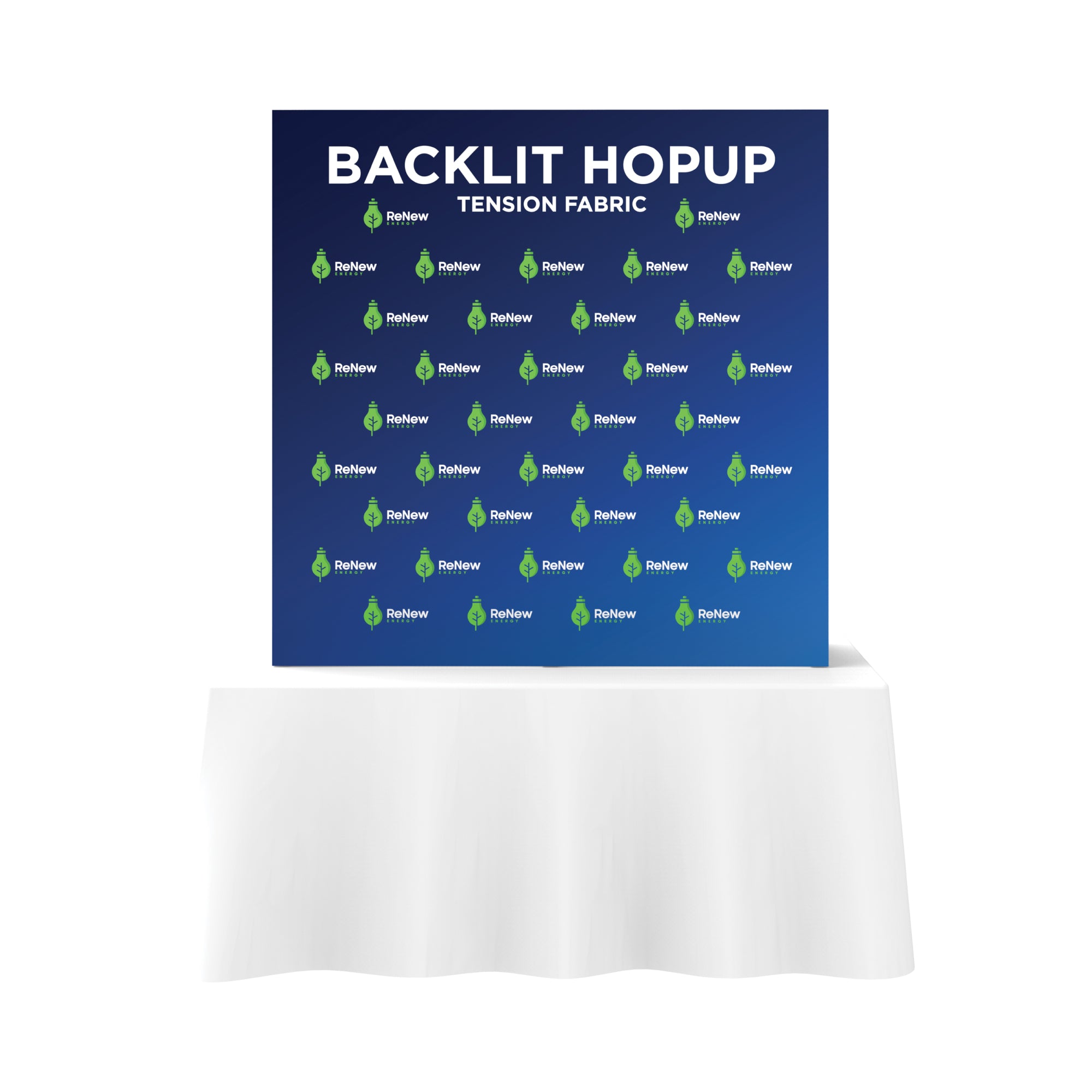 Backlit hopup tension fabric display on a table for trade shows and exhibitions branding