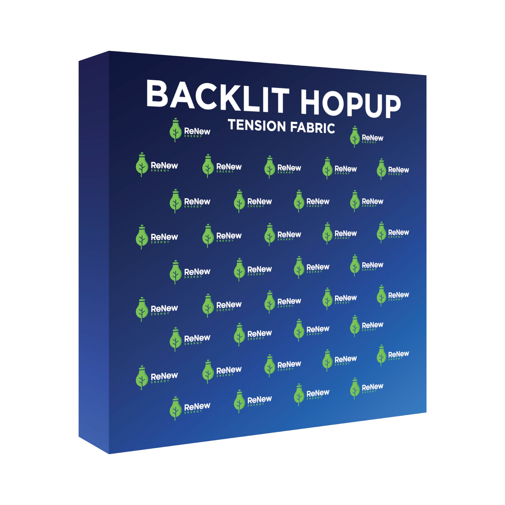 Backlit hopup tension fabric display for trade shows and exhibitions featuring ReNew Energy branding