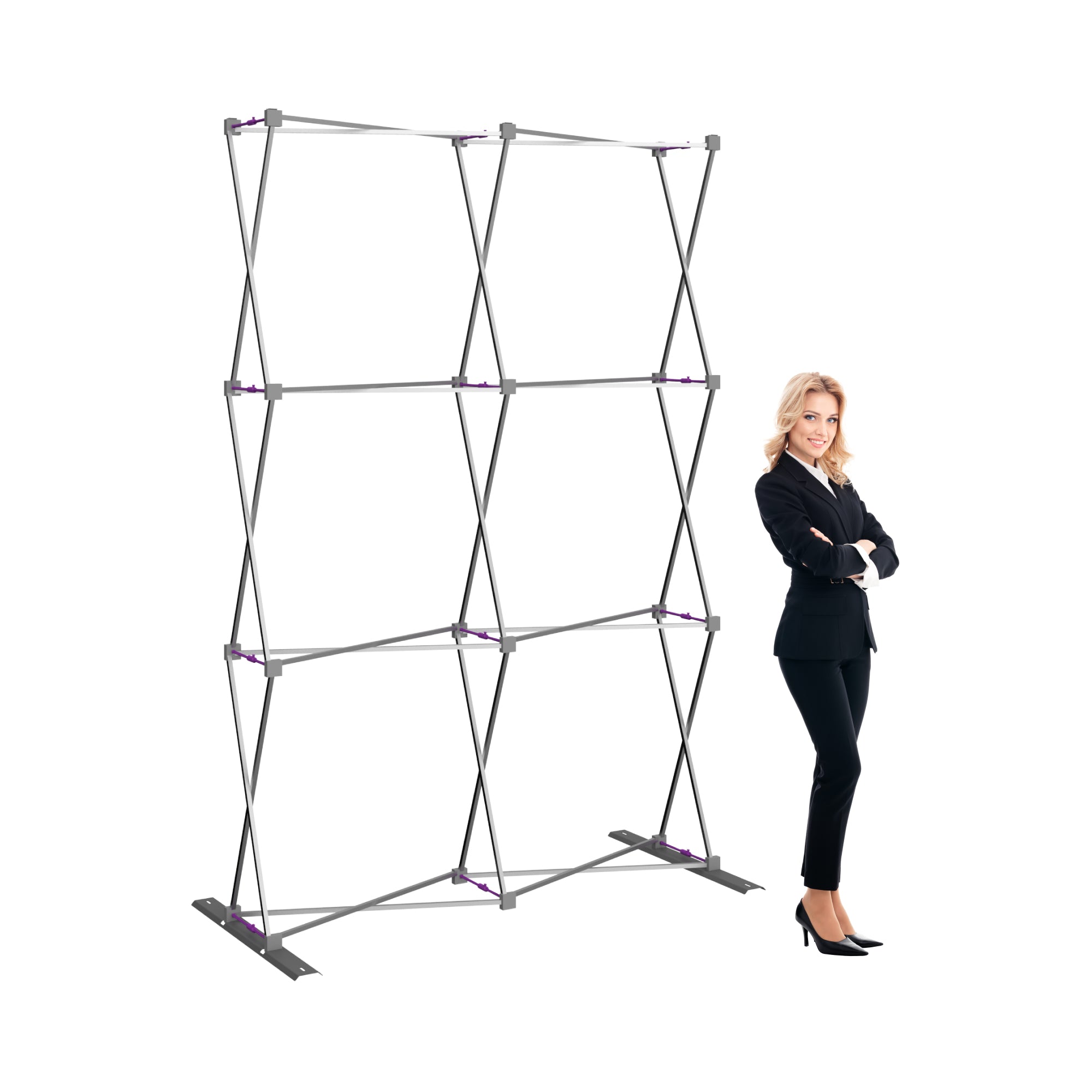 Pop-up display frame with collapsible structure for trade shows and exhibitions beside businesswoman