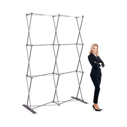Pop-up display frame with collapsible structure for trade shows and exhibitions beside businesswoman