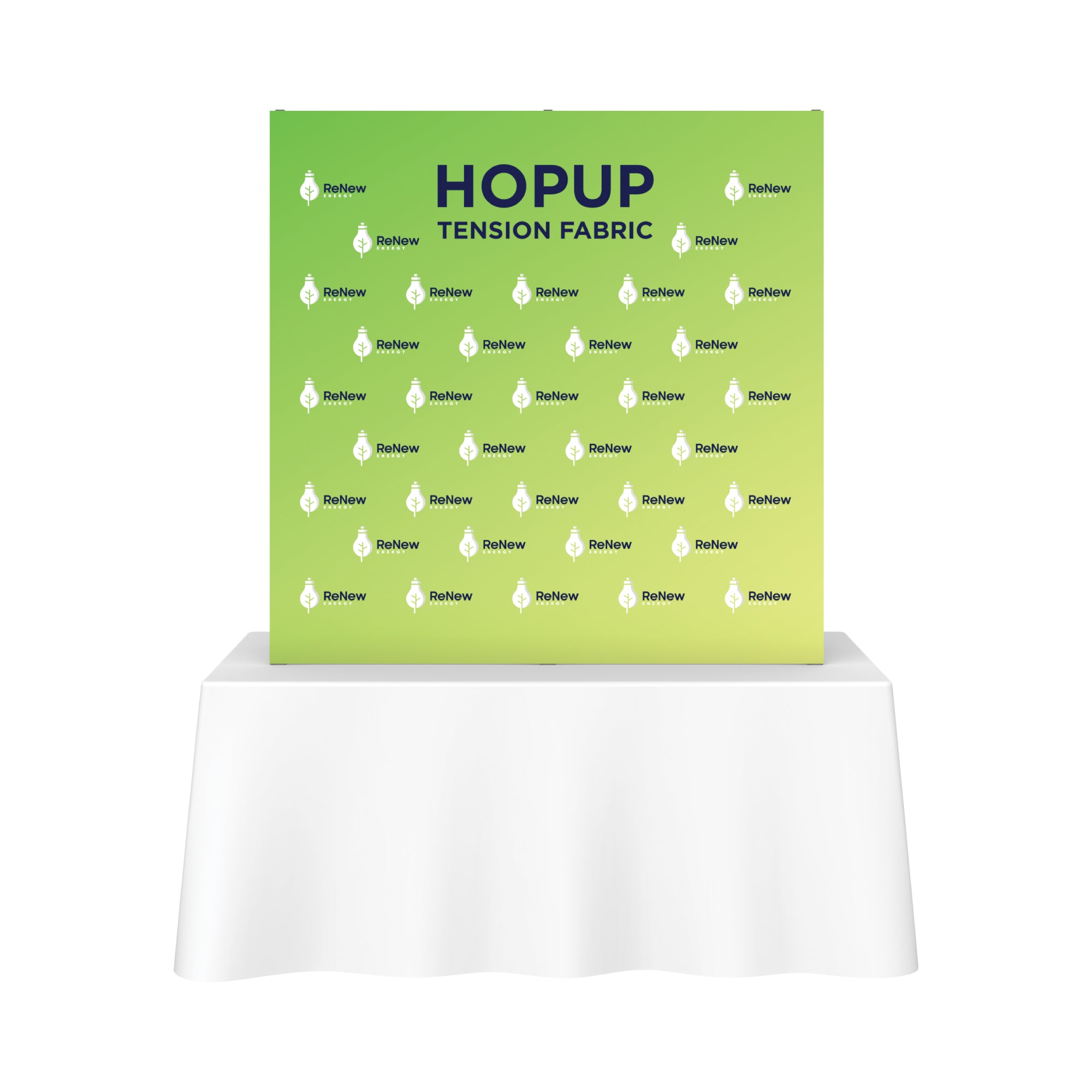 Hopup tension fabric backdrop with ReNew Energy branding displayed on a table for trade shows and exhibitions