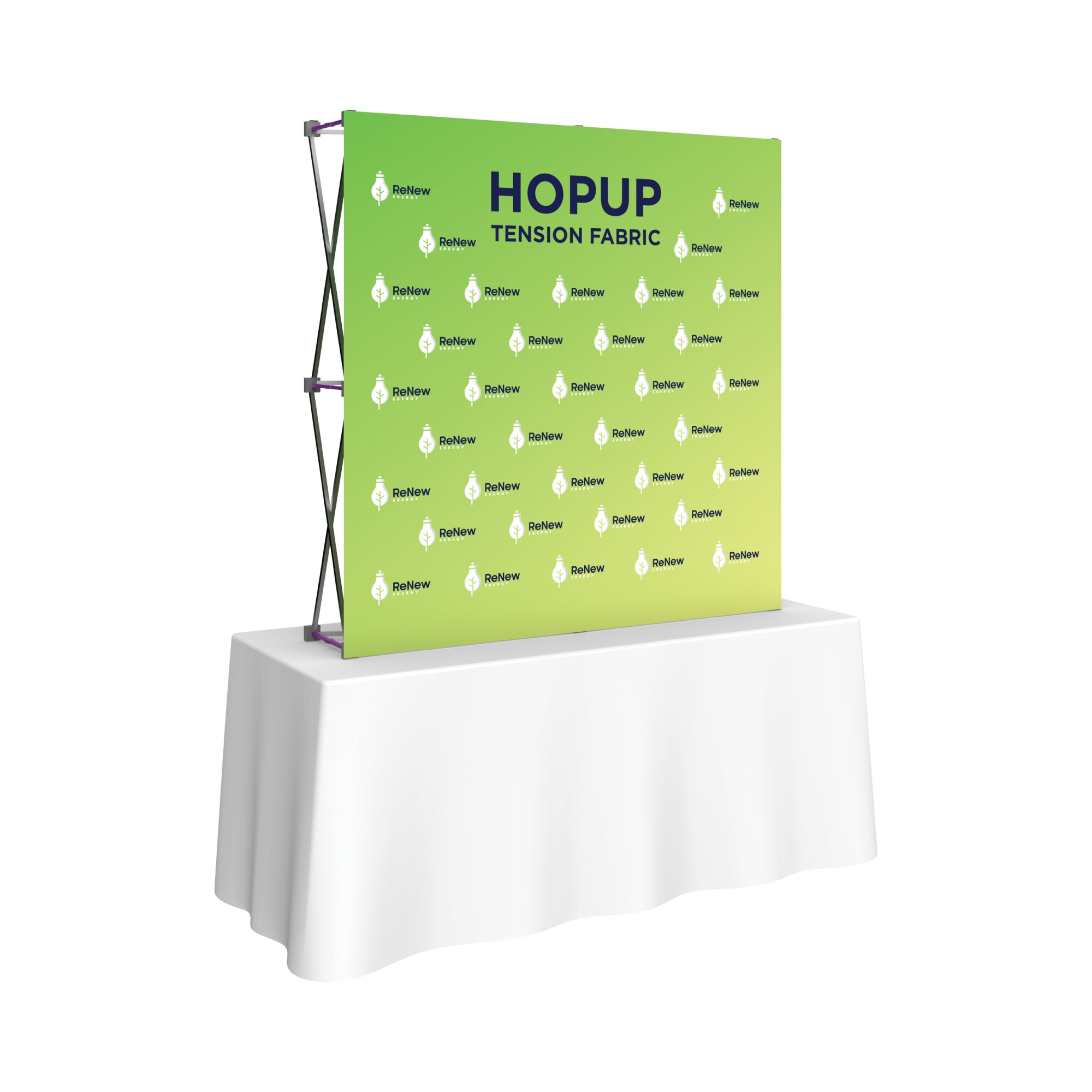 Trade show pop-up display with tension fabric backdrop on table for exhibitions and special events