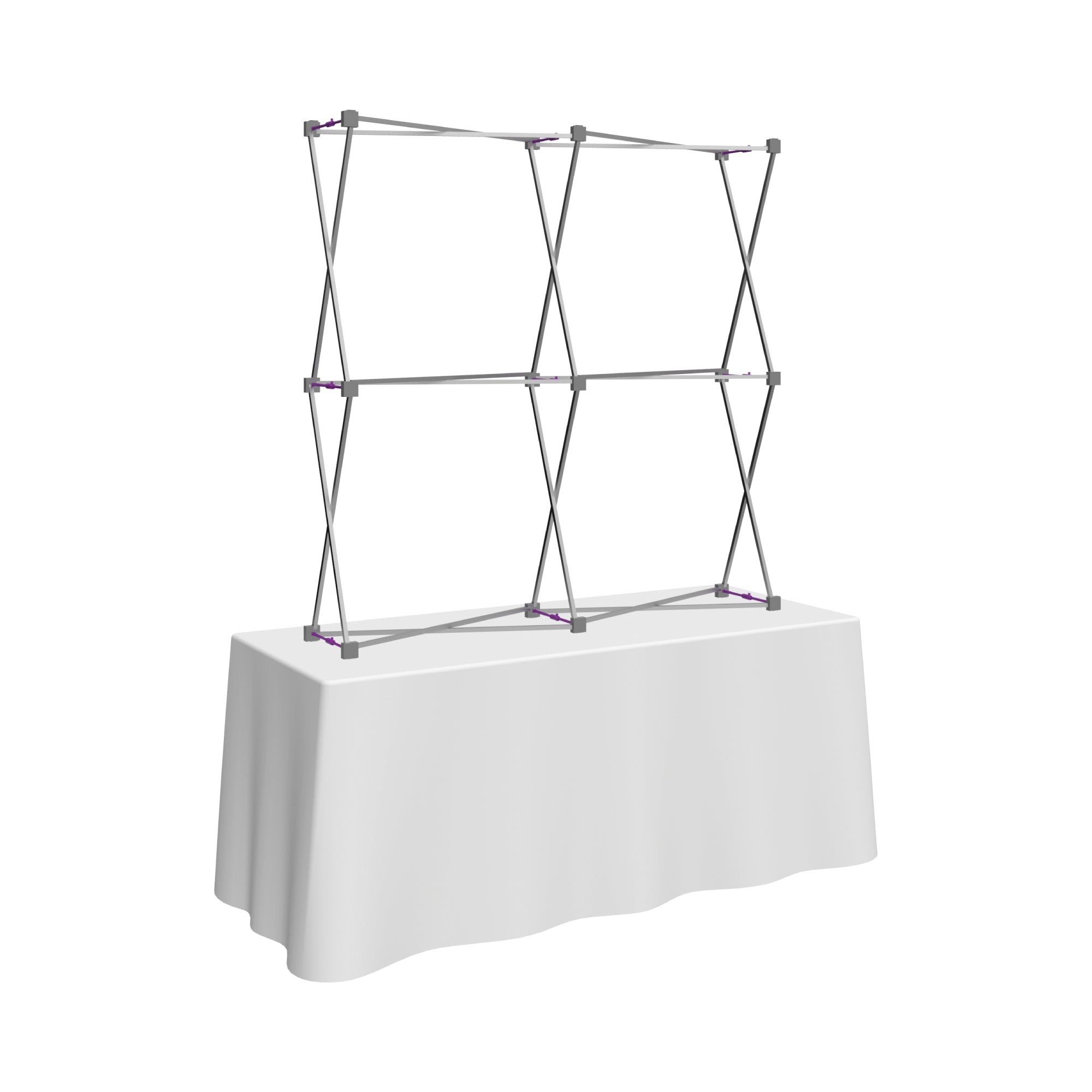 Portable collapsible trade show display frame on table with fabric cover for exhibitions