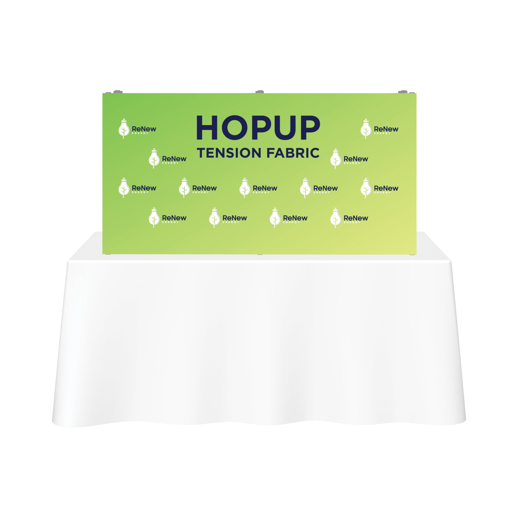 Trade show fabric backdrop with ReNew Energy logo and HopUp tension fabric branding on display for exhibitions
