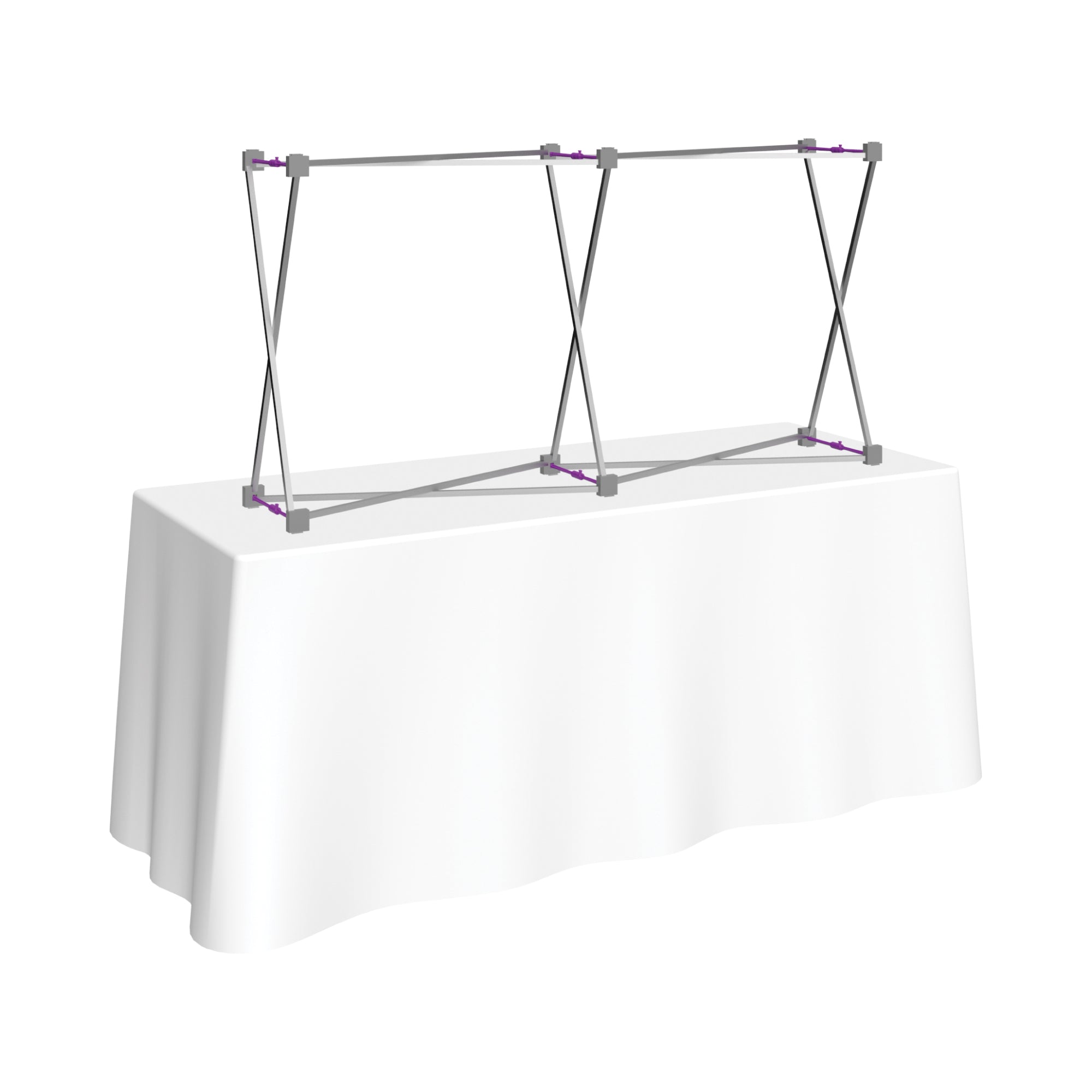 Portable trade show table display frame set up on table for exhibitions and special events