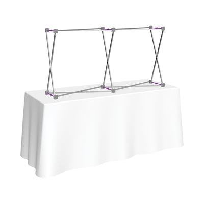 Portable trade show table display frame set up on table for exhibitions and special events