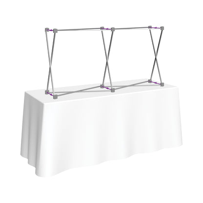 Portable trade show table display frame set up on table for exhibitions and special events