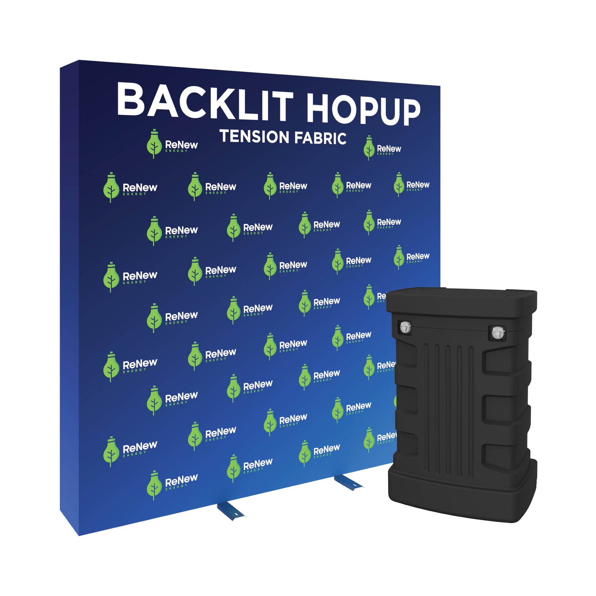 Backlit hopup tension fabric display with branding for trade shows and exhibitions