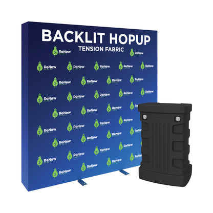Backlit hopup tension fabric display with branding for trade shows and exhibitions
