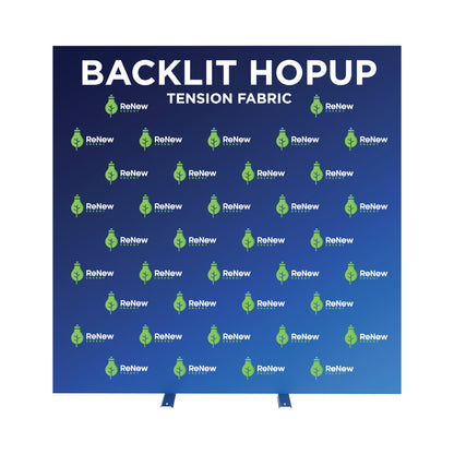 Backlit hopup tension fabric display with repeated Renew Energy logo for trade shows and exhibitions