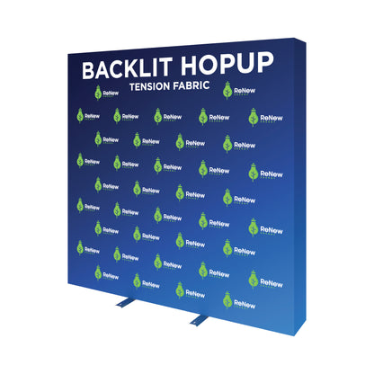 Backlit hopup tension fabric display with ReNew Energy branding for trade shows and exhibitions
