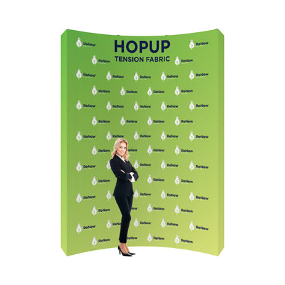 Curved hopup tension fabric display with branded graphics for trade shows and exhibitions