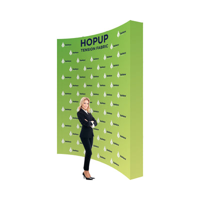 Curved hopup tension fabric display with branded graphics for trade shows and exhibitions