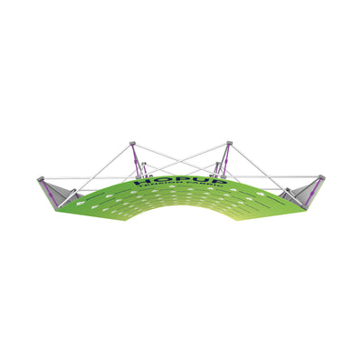 Curved overhead tension fabric display frame with graphic print for trade shows and exhibitions