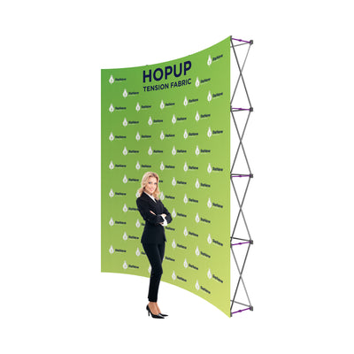 Pop-up tension fabric display stand with branded graphic, ideal for trade shows and exhibitions