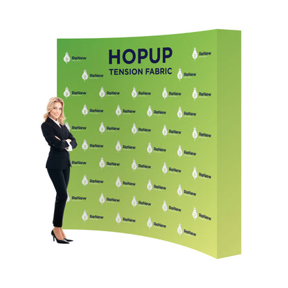 Curved tension fabric display with branding and businesswoman for trade shows and exhibitions