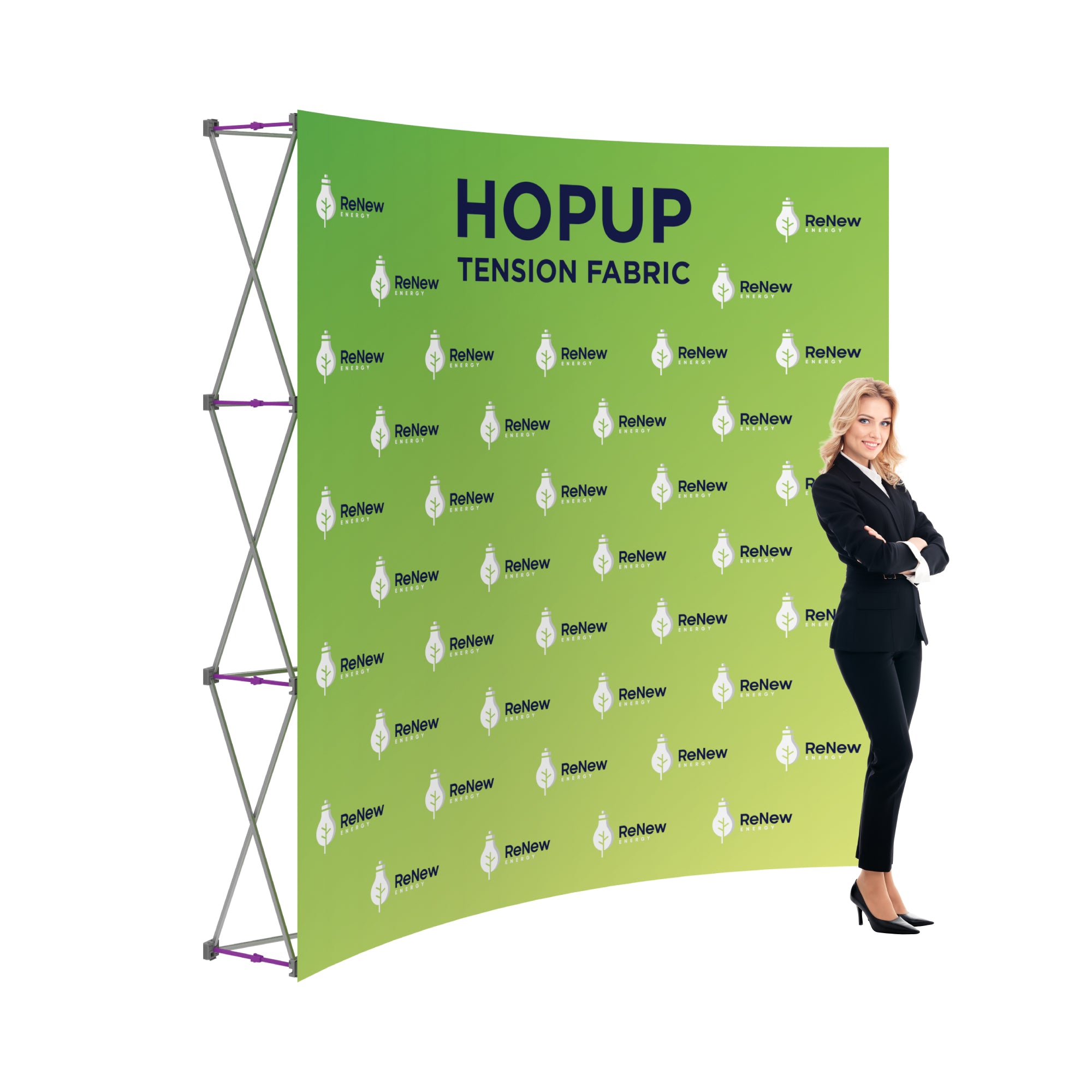 Trade show tension fabric backdrop with ReNew Energy branding and professional woman standing