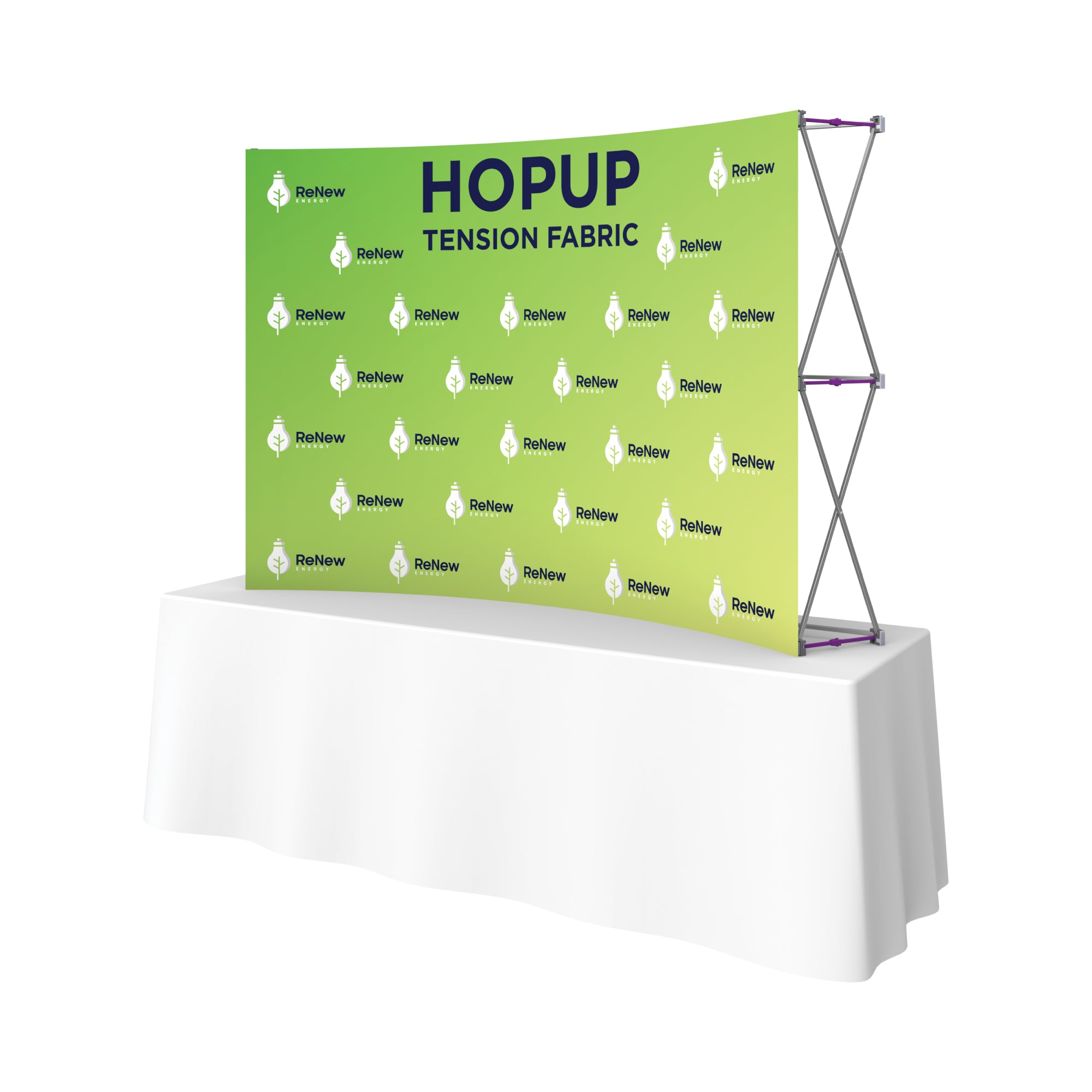 Curved tension fabric display on table for trade shows and exhibitions featuring branded graphic