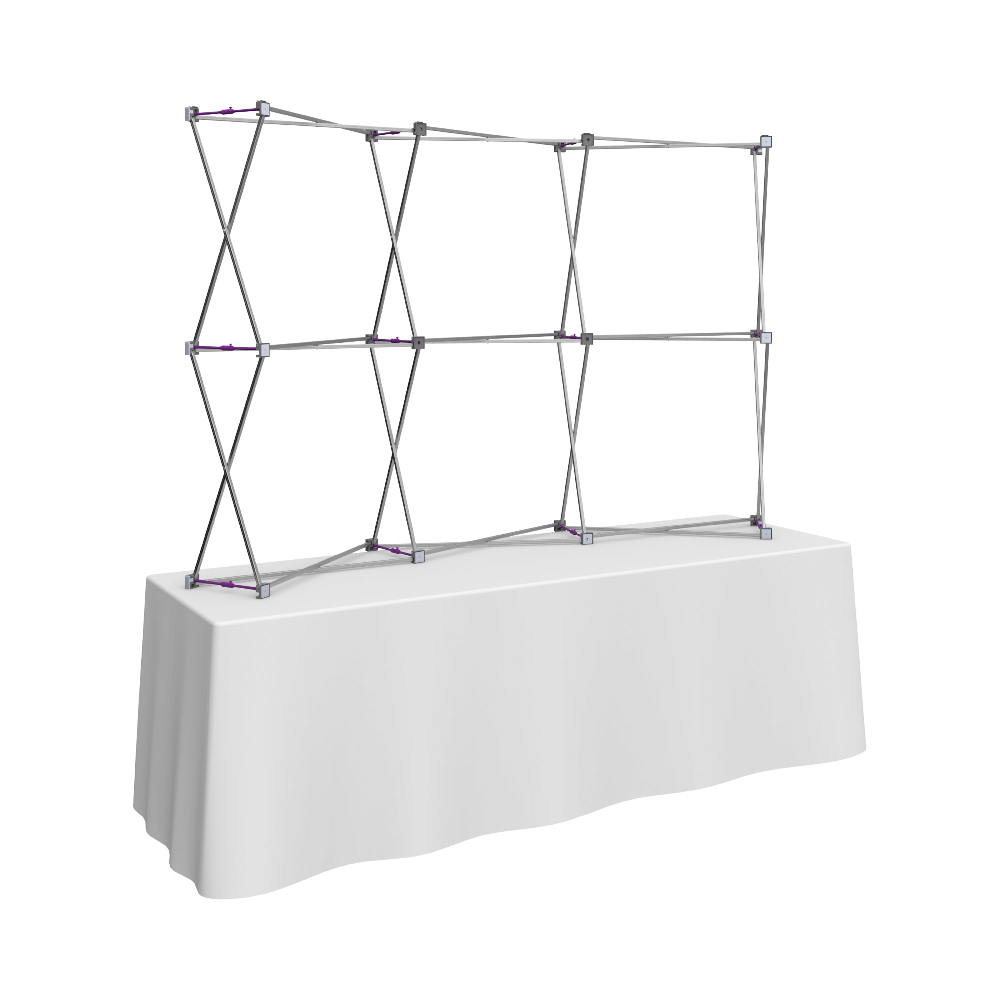 Pop-up display stand frame on a table used for trade shows and exhibition booth setups