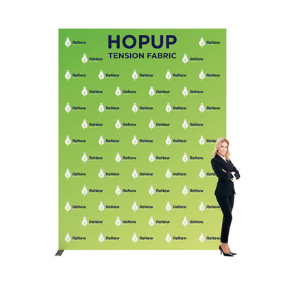 Trade show tension fabric backdrop display with branded graphics and professional woman