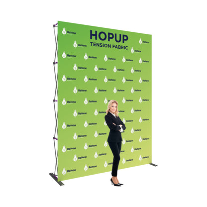 Pop-up tension fabric display with branding, ideal for trade shows, exhibitions, and special events backdrop