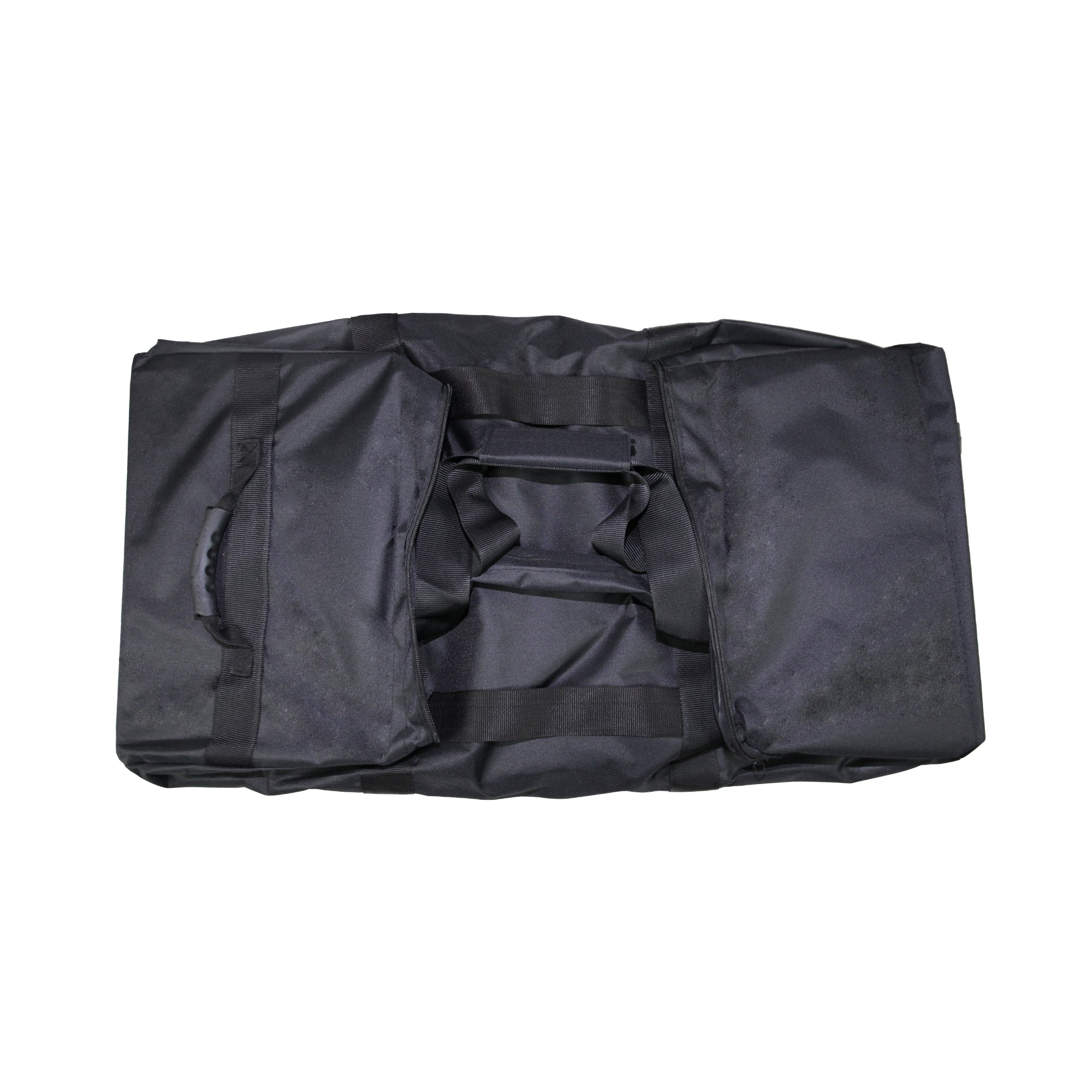 Portable trade show bag with multiple compartments and handles for exhibition equipment storage