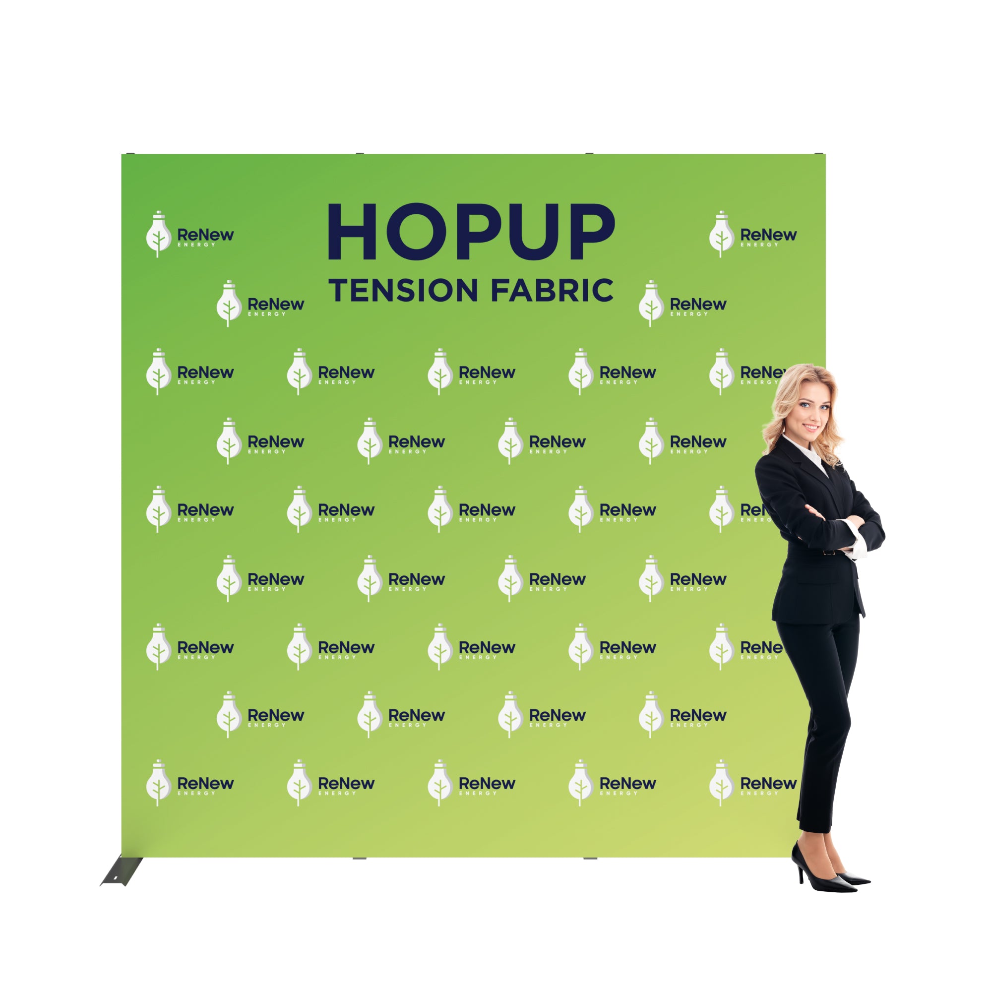 Trade show tension fabric backdrop with corporate branding and businesswoman for exhibitions and events