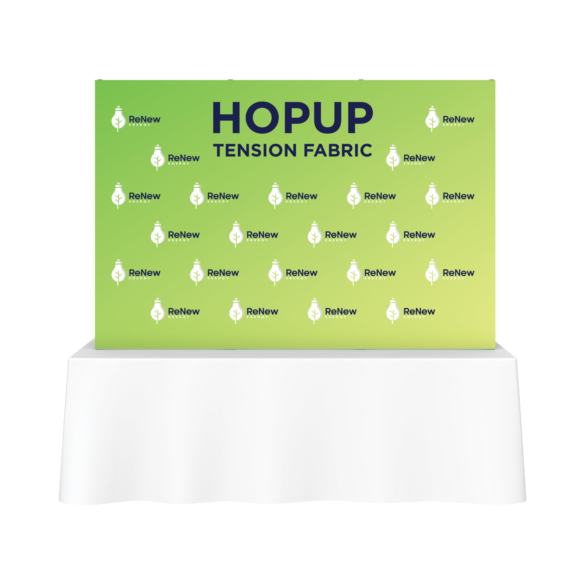 Hopup tension fabric backdrop on table for trade shows and exhibitions branding