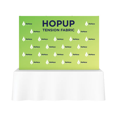 Hopup tension fabric backdrop on table for trade shows and exhibitions branding