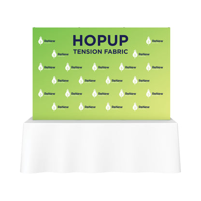 Hopup tension fabric backdrop on table for trade shows and exhibitions branding