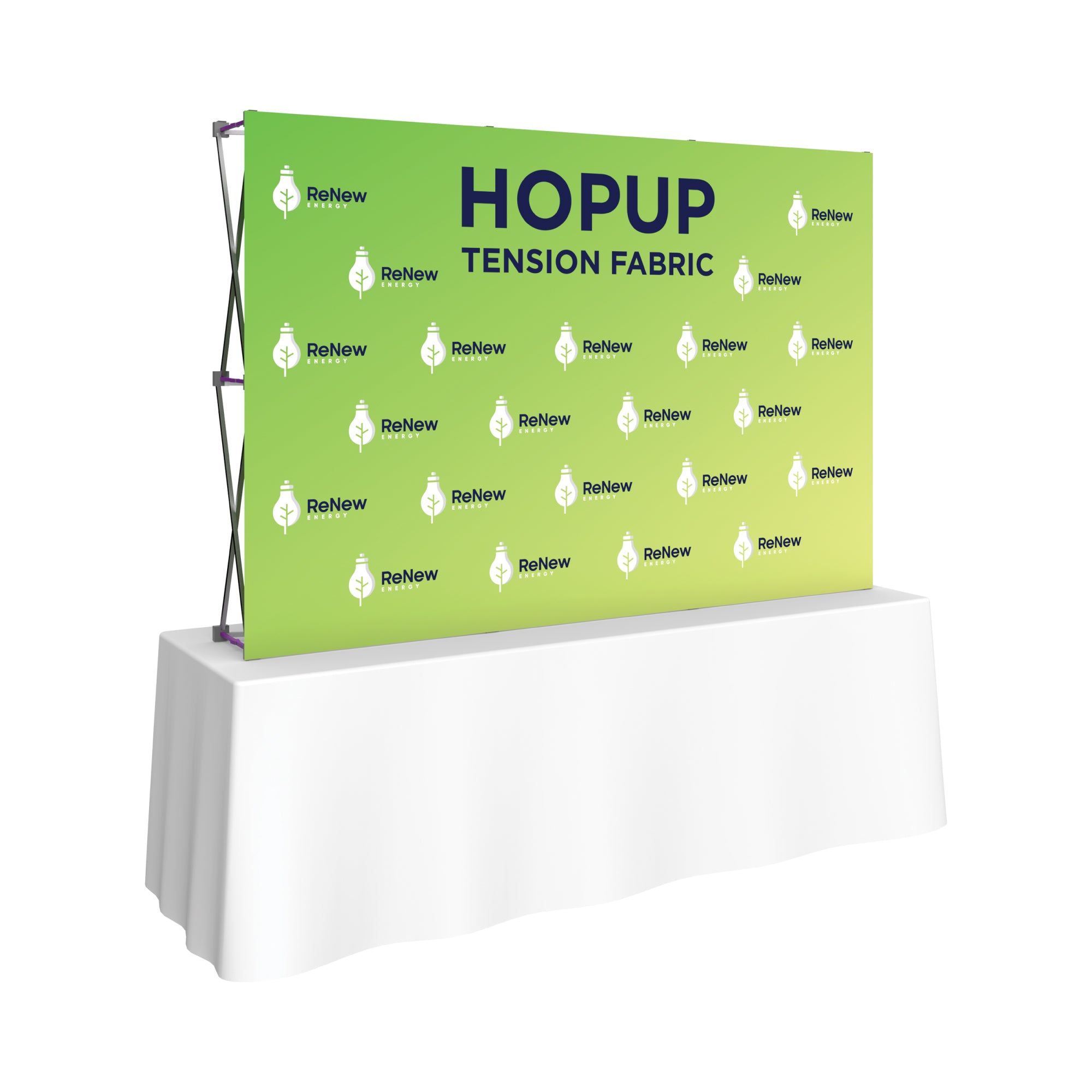Tension fabric pop-up display on table for trade shows and exhibitions featuring branded graphics