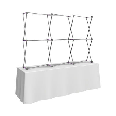 Collapsible frame setup on table for trade show pop-up display and exhibition backdrop