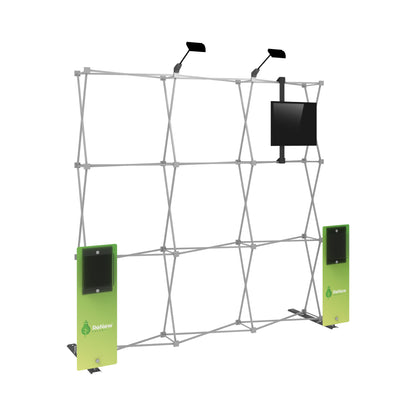 Modular trade show display frame with mounted monitor, brochure holders, and overhead lighting for exhibitions