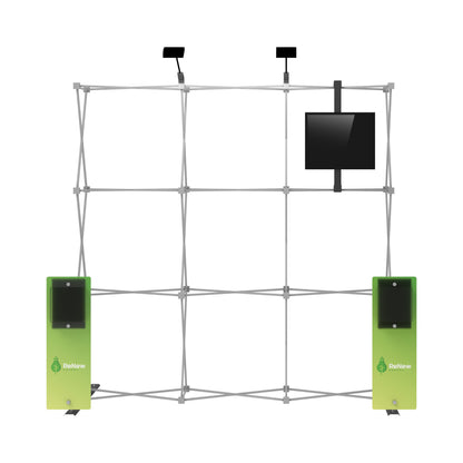 portable trade show display frame with mounted monitor and brochure holders for exhibitions